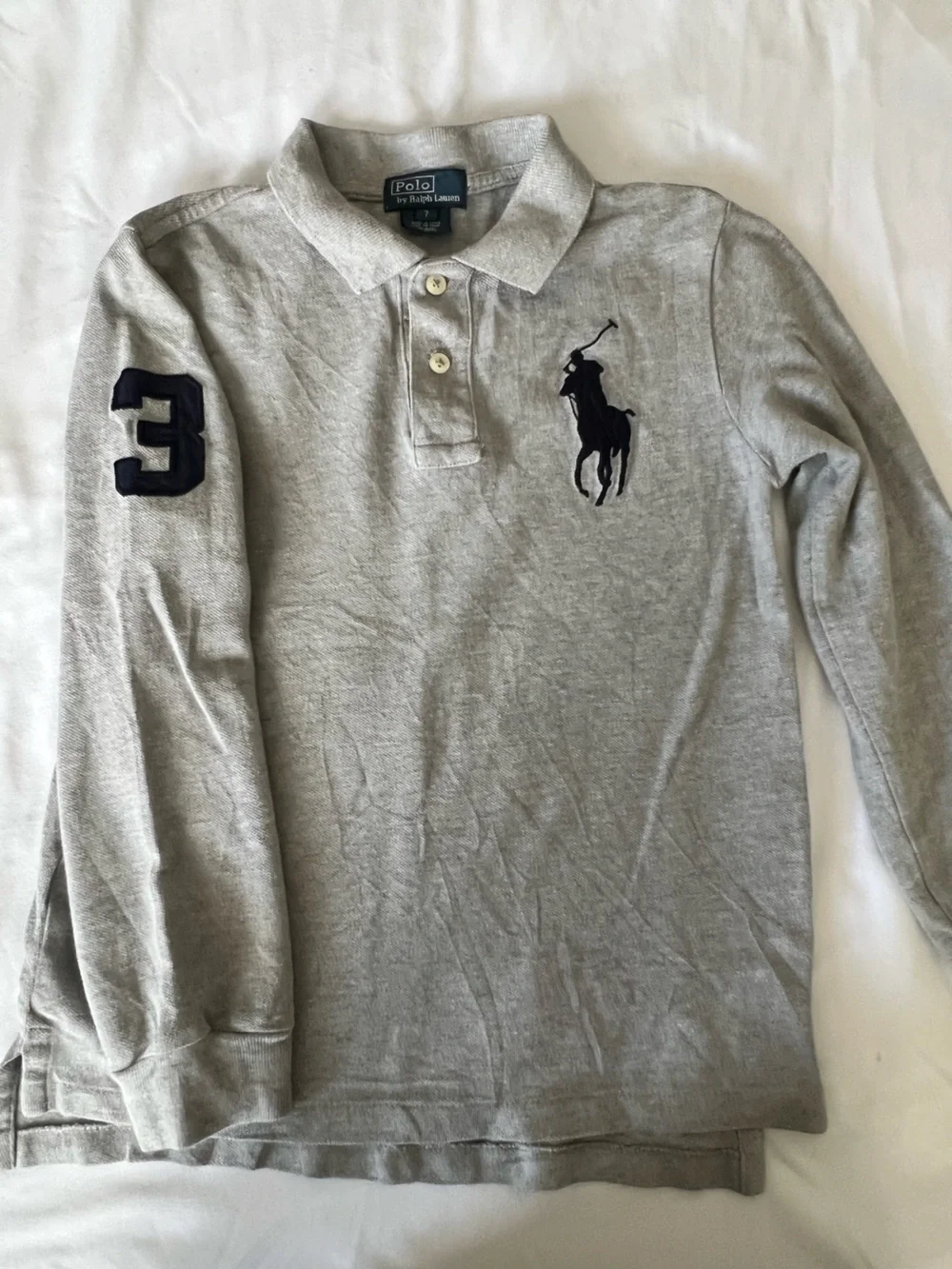 Ralph Lauren Light Gray Long-Sleeve Polo with Navy Logos